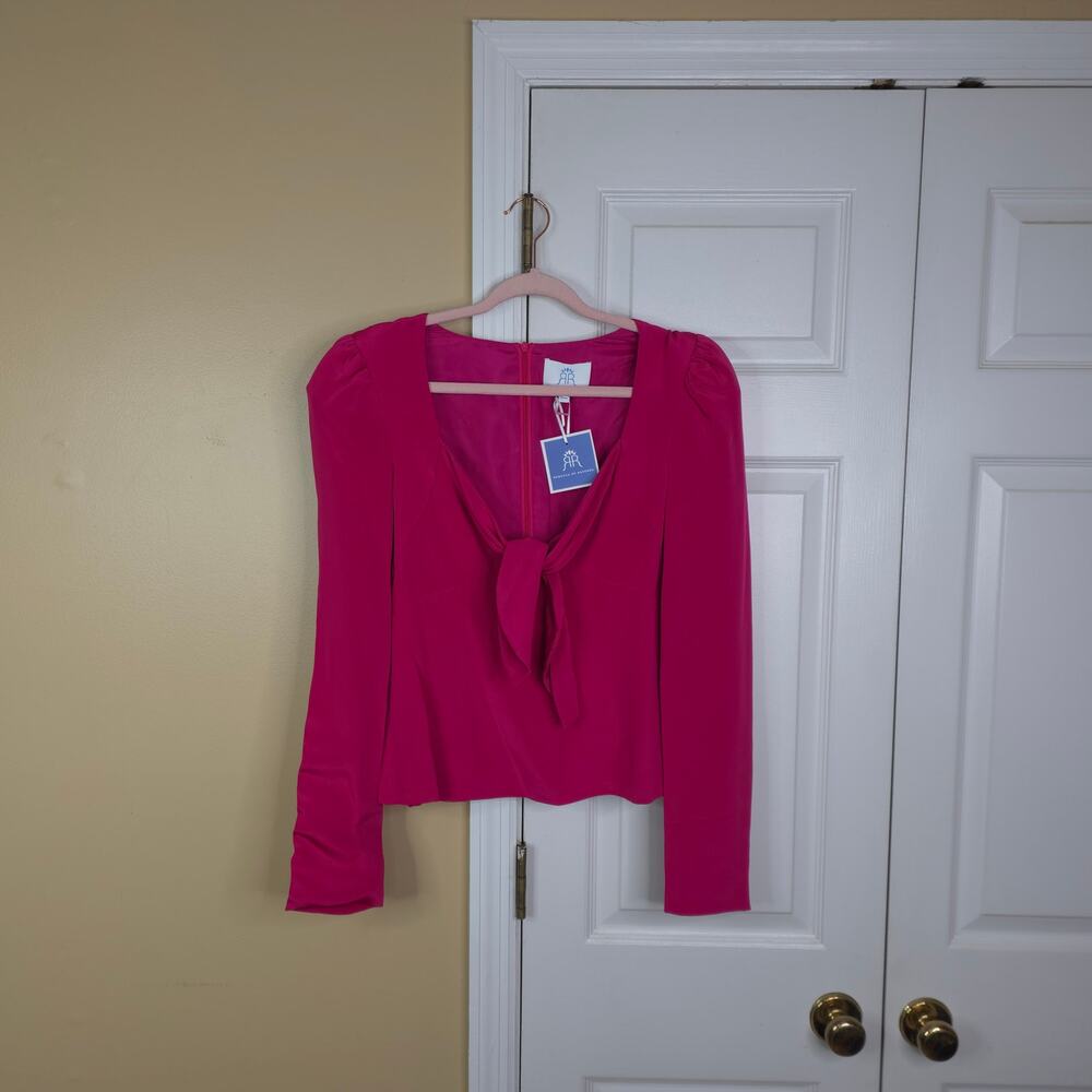 Rebecca de Ravenel Magenta Silk Tie-Front Cropped Long Sleeve Blouse Size 8